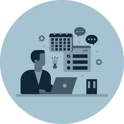 Modernes, stilisiertes Icon, das die Rolle eines Projektmanagers oder Leiters PMO (Project Management Office) symbolisiert. Das Symbol zeigt eine professionelle Figur in Business-Kleidung, die mit einem Gantt-Diagramm, Checklisten oder Teammitgliedern interagiert – als Zeichen für Projektsteuerung, Teamkoordination und effizientes Management. Das Icon steht für zentrale Aufgaben wie Projektplanung, Ressourcenmanagement, Zielerreichung und die Führung interdisziplinärer Teams. Ideal für Webseiten zu Projektmanagement, PMO, Unternehmensführung und Prozessoptimierung. Dieses Icon unterstützt die visuelle Kommunikation von Projektleiter- und PMO-Rollen in digitalen und gedruckten Medien.